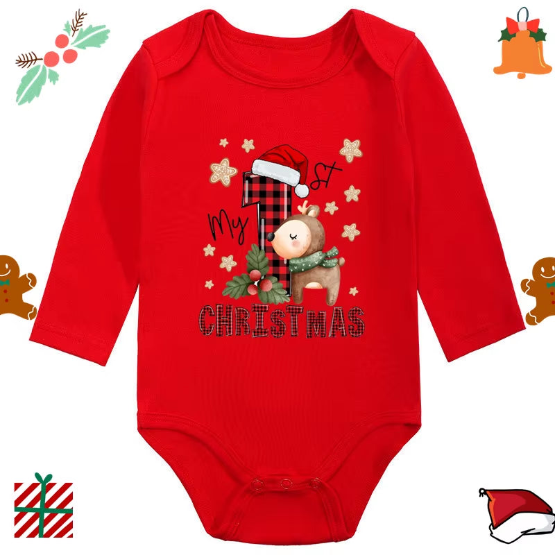 My 1St Christmas Santa Claus Elk Print Newborn Cute Long Sleeve Romper Red Cotton Baby Boys Girls Bodysuit