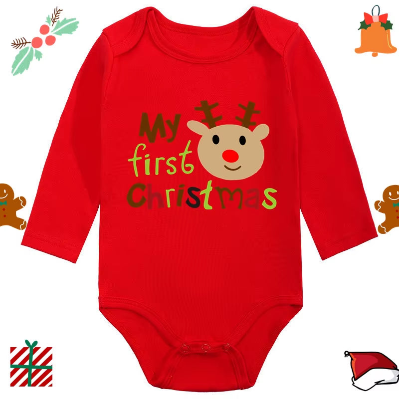 My 1St Christmas Santa Claus Elk Print Newborn Cute Long Sleeve Romper Red Cotton Baby Boys Girls Bodysuit