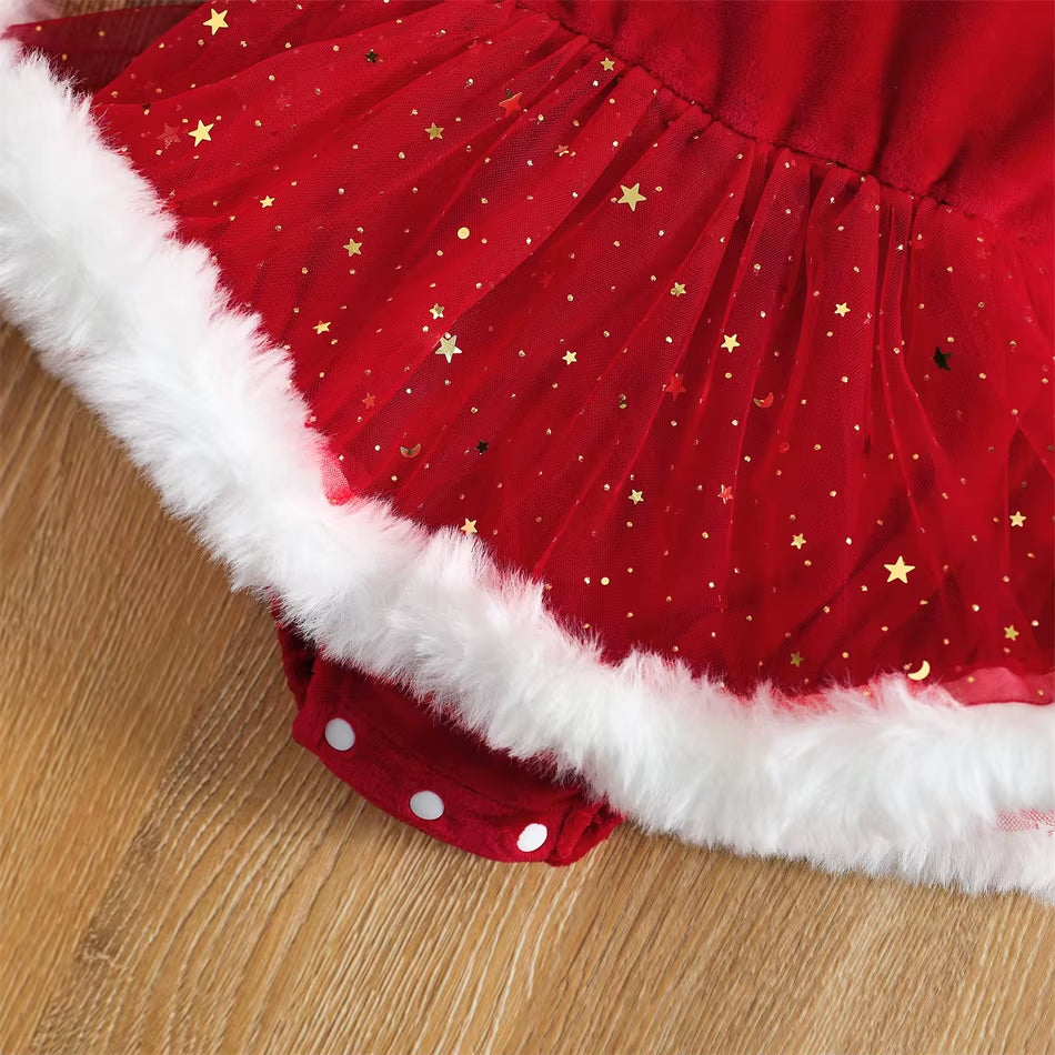 Infant Christmas Santa Claus Rompers Baby Girls Star Sequin Mesh Long Sleeved Jumpsuits Toddler Fluffy Red Cute Bodysuits 3-24M