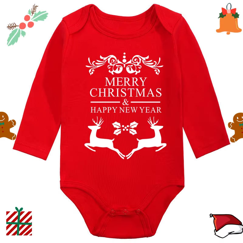My 1St Christmas Santa Claus Elk Print Newborn Cute Long Sleeve Romper Red Cotton Baby Boys Girls Bodysuit