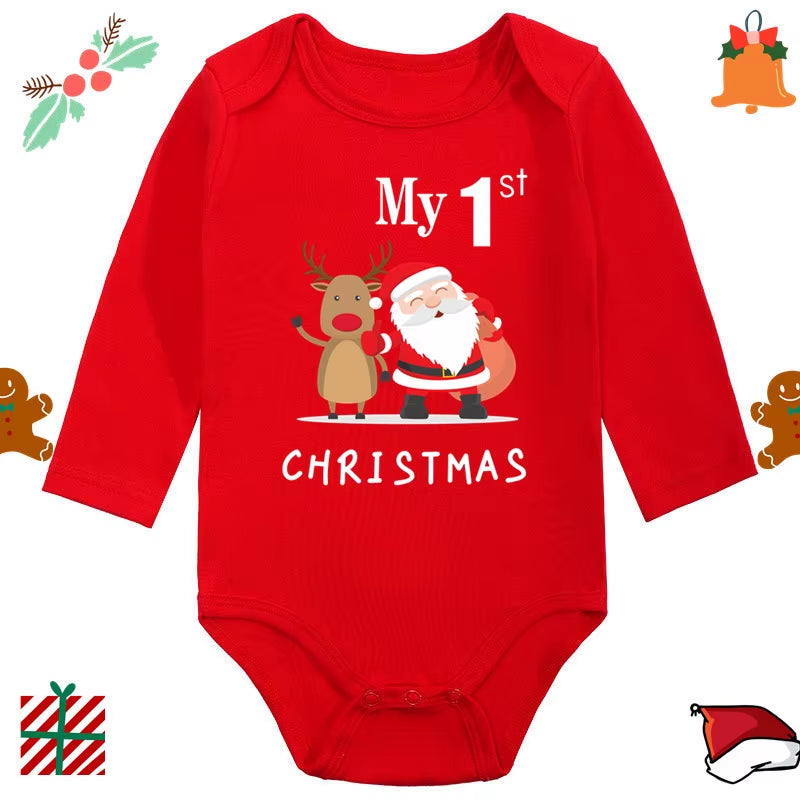 My 1St Christmas Santa Claus Elk Print Newborn Cute Long Sleeve Romper Red Cotton Baby Boys Girls Bodysuit