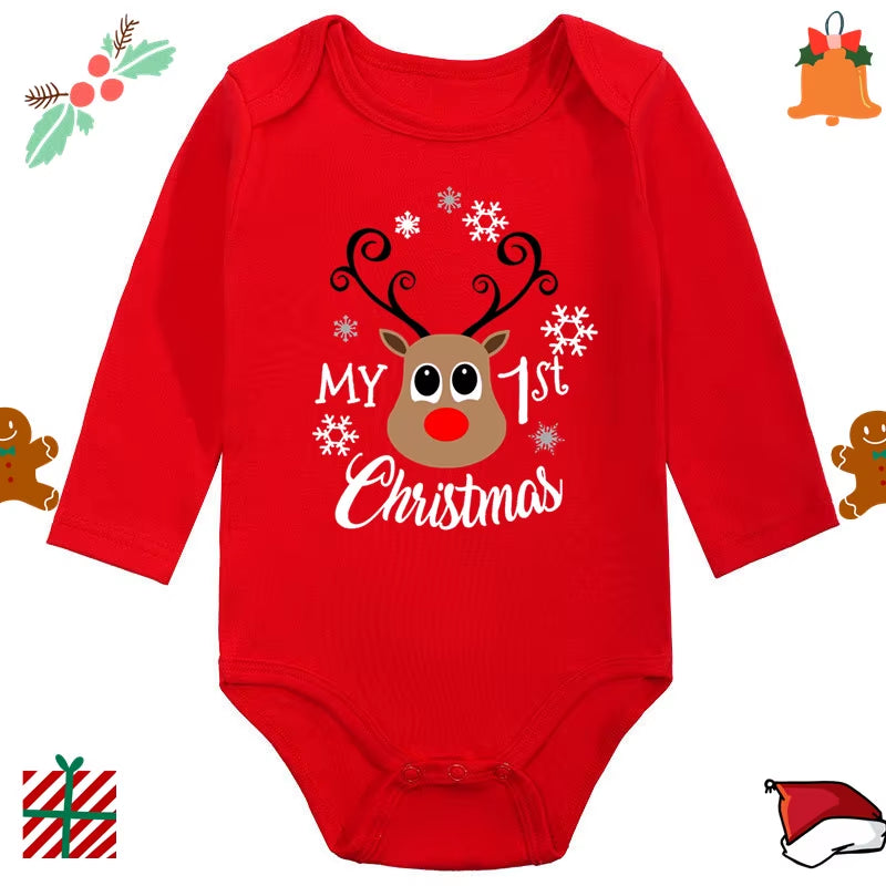 My 1St Christmas Santa Claus Elk Print Newborn Cute Long Sleeve Romper Red Cotton Baby Boys Girls Bodysuit