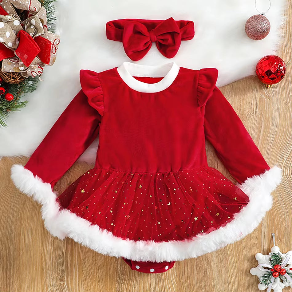 Infant Christmas Santa Claus Rompers Baby Girls Star Sequin Mesh Long Sleeved Jumpsuits Toddler Fluffy Red Cute Bodysuits 3-24M