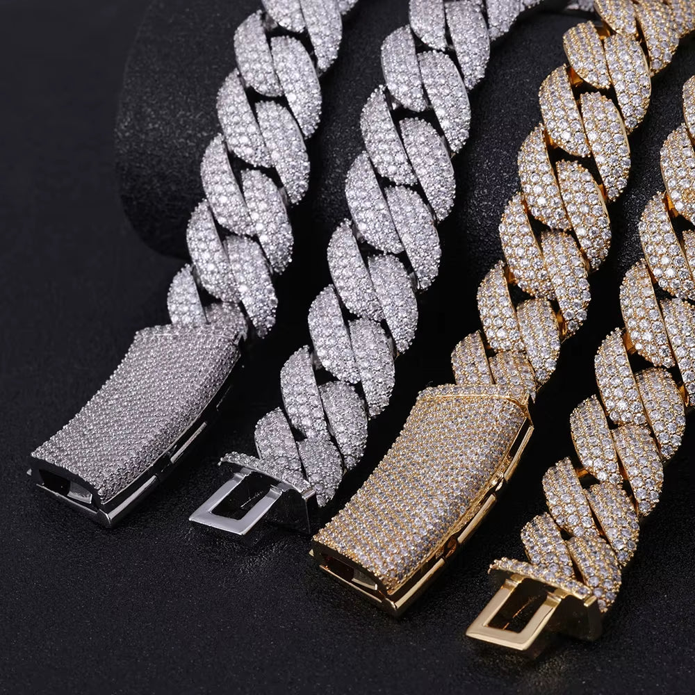 NUOYA 18Mm Shiny 3 Row Diamond White Gold Cuban Chain Necklace for Women Full Diamond Iced Out Cuban Link Chain Hip Hop Jewelry