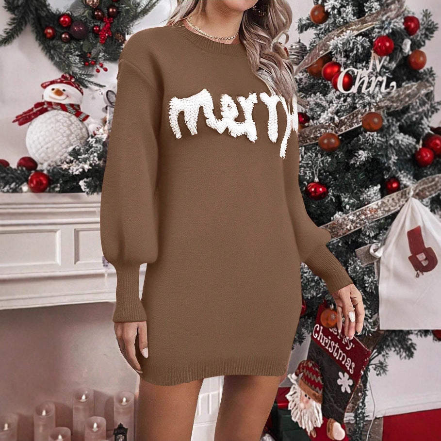 Women's Long Sleeve Christmas Dress With Round Neck