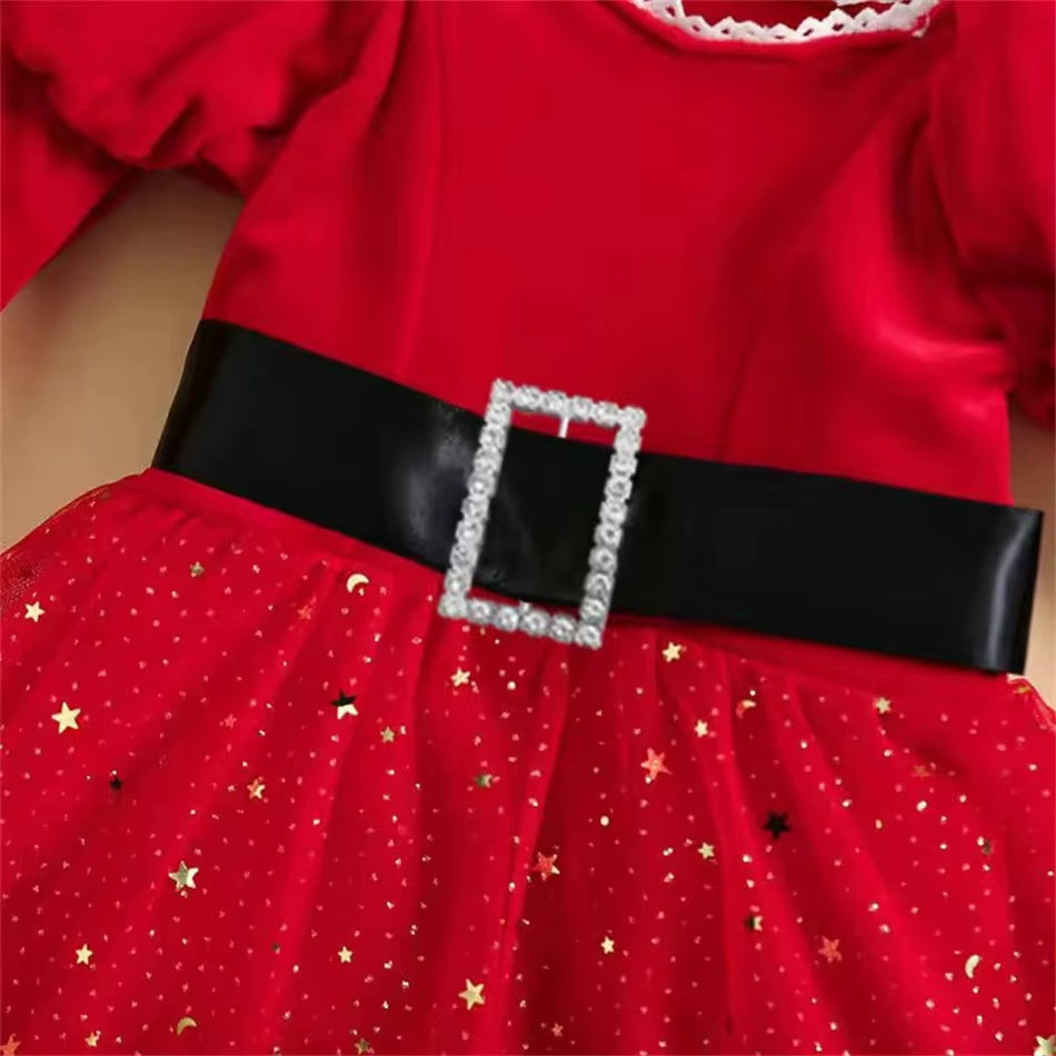 Infant Christmas Santa Claus Rompers Baby Girls Star Sequin Mesh Long Sleeved Jumpsuits Toddler Fluffy Red Cute Bodysuits 3-24M