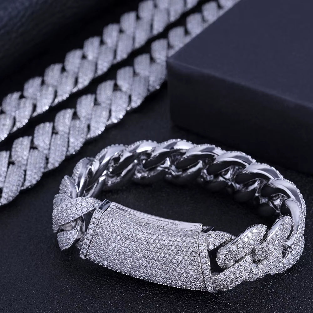 NUOYA 18Mm Shiny 3 Row Diamond White Gold Cuban Chain Necklace for Women Full Diamond Iced Out Cuban Link Chain Hip Hop Jewelry