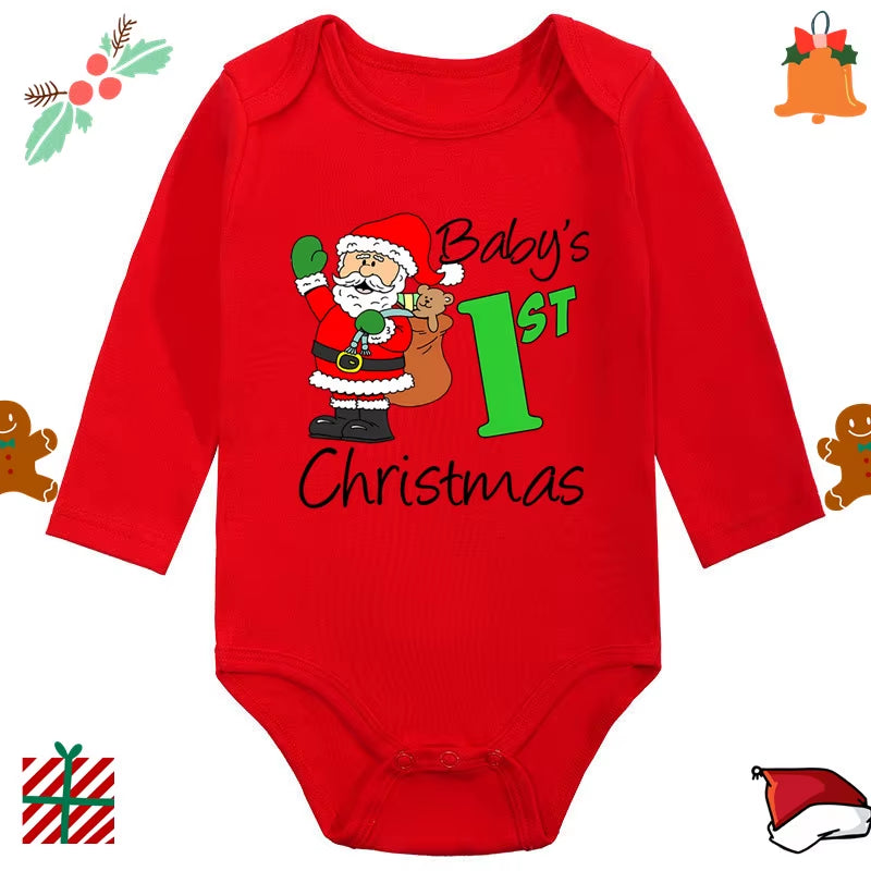 My 1St Christmas Santa Claus Elk Print Newborn Cute Long Sleeve Romper Red Cotton Baby Boys Girls Bodysuit