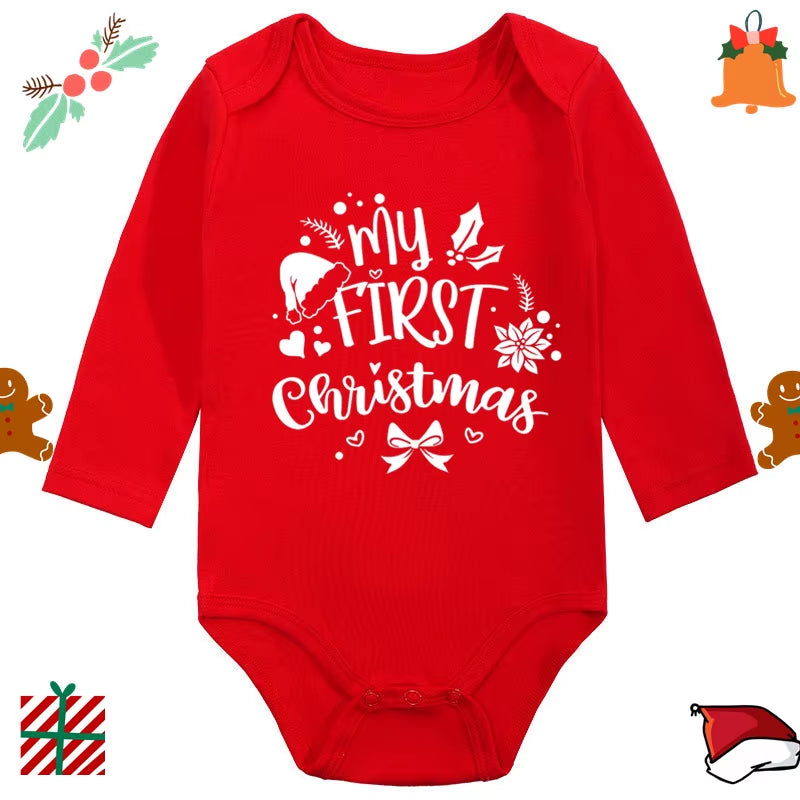 My 1St Christmas Santa Claus Elk Print Newborn Cute Long Sleeve Romper Red Cotton Baby Boys Girls Bodysuit
