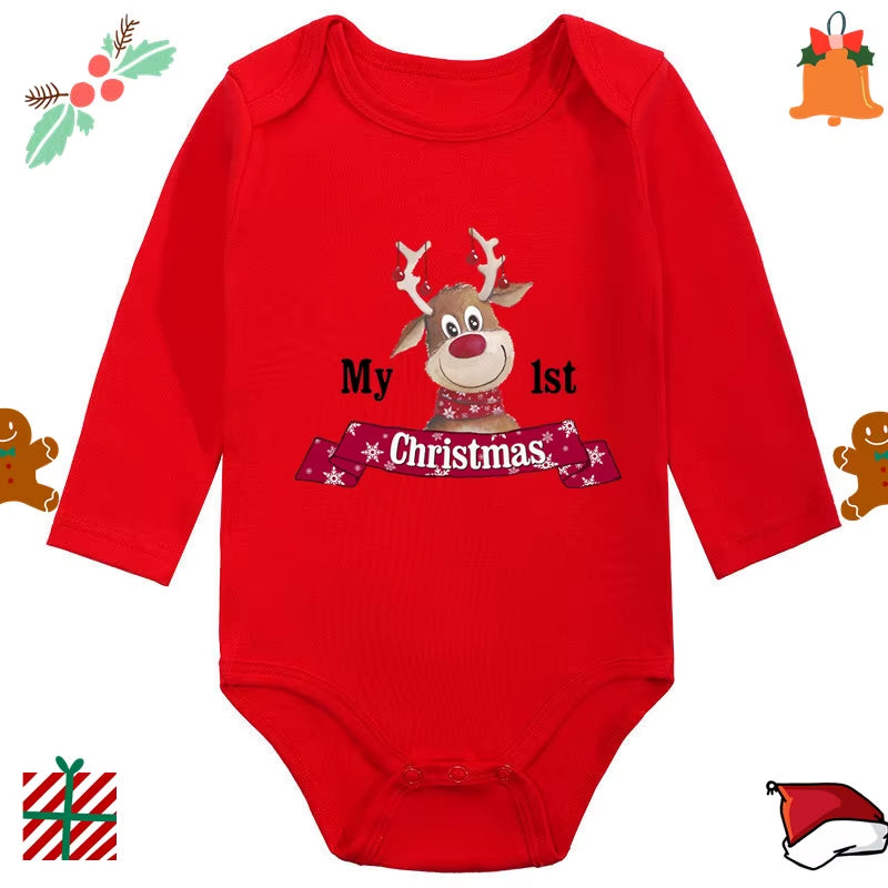 My 1St Christmas Santa Claus Elk Print Newborn Cute Long Sleeve Romper Red Cotton Baby Boys Girls Bodysuit