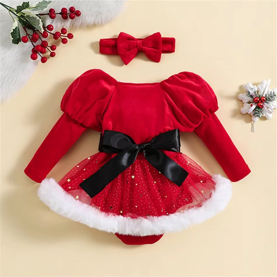 Infant Christmas Santa Claus Rompers Baby Girls Star Sequin Mesh Long Sleeved Jumpsuits Toddler Fluffy Red Cute Bodysuits 3-24M