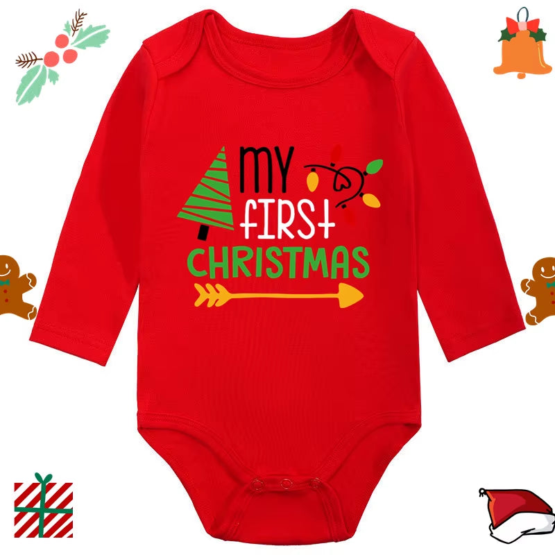 My 1St Christmas Santa Claus Elk Print Newborn Cute Long Sleeve Romper Red Cotton Baby Boys Girls Bodysuit