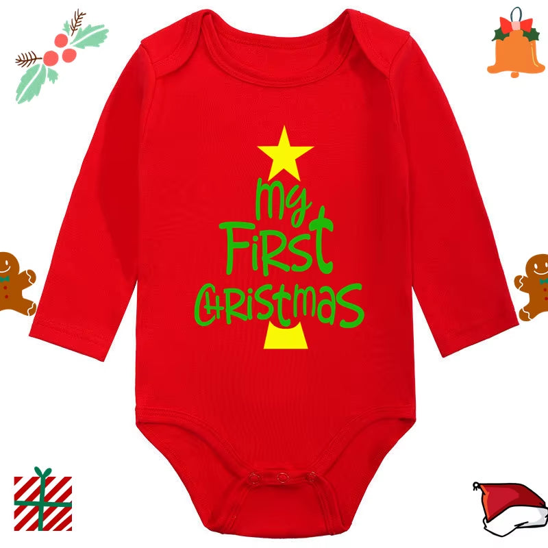 My 1St Christmas Santa Claus Elk Print Newborn Cute Long Sleeve Romper Red Cotton Baby Boys Girls Bodysuit
