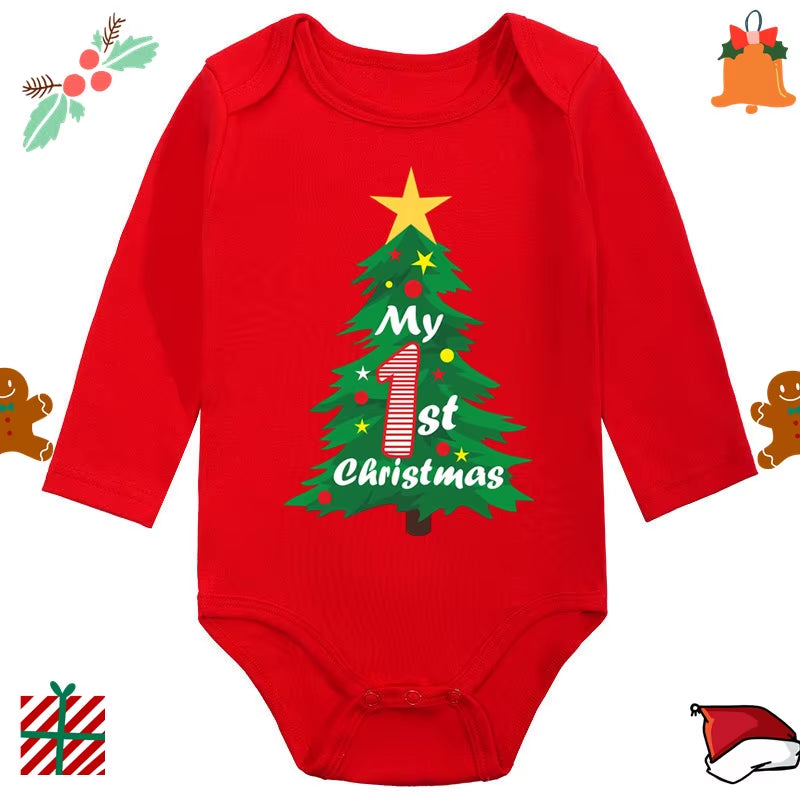 My 1St Christmas Santa Claus Elk Print Newborn Cute Long Sleeve Romper Red Cotton Baby Boys Girls Bodysuit