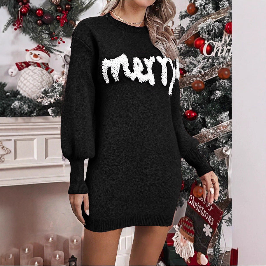 Women's Long Sleeve Christmas Dress With Round Neck