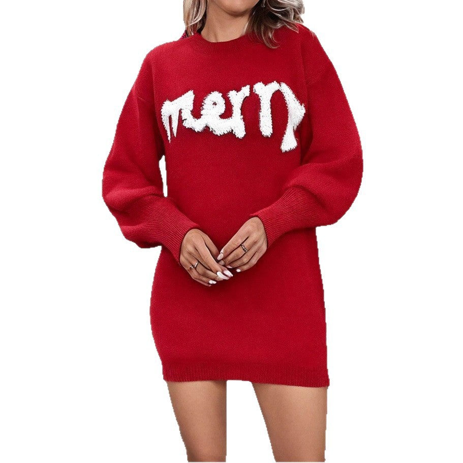 Women's Long Sleeve Christmas Dress With Round Neck