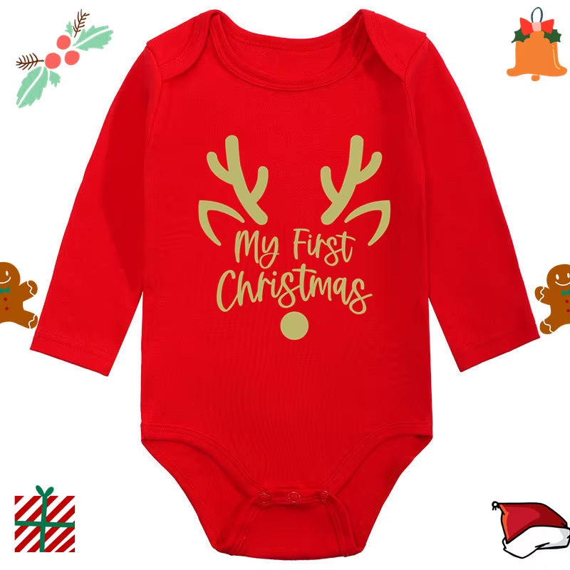My 1St Christmas Santa Claus Elk Print Newborn Cute Long Sleeve Romper Red Cotton Baby Boys Girls Bodysuit