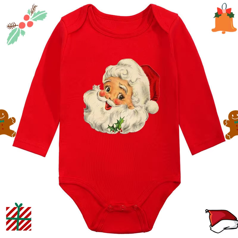 My 1St Christmas Santa Claus Elk Print Newborn Cute Long Sleeve Romper Red Cotton Baby Boys Girls Bodysuit