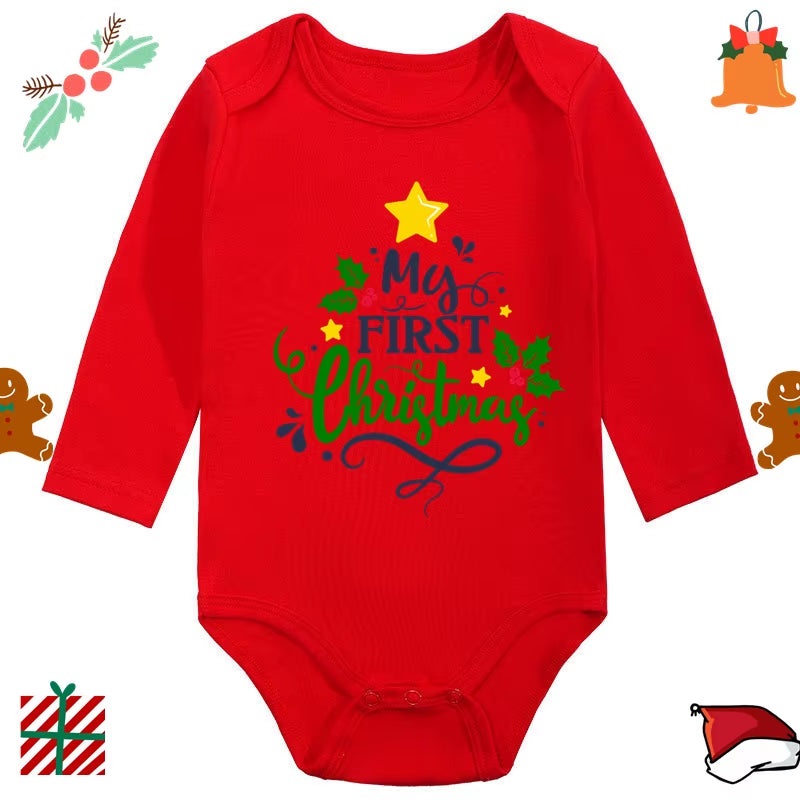 My 1St Christmas Santa Claus Elk Print Newborn Cute Long Sleeve Romper Red Cotton Baby Boys Girls Bodysuit
