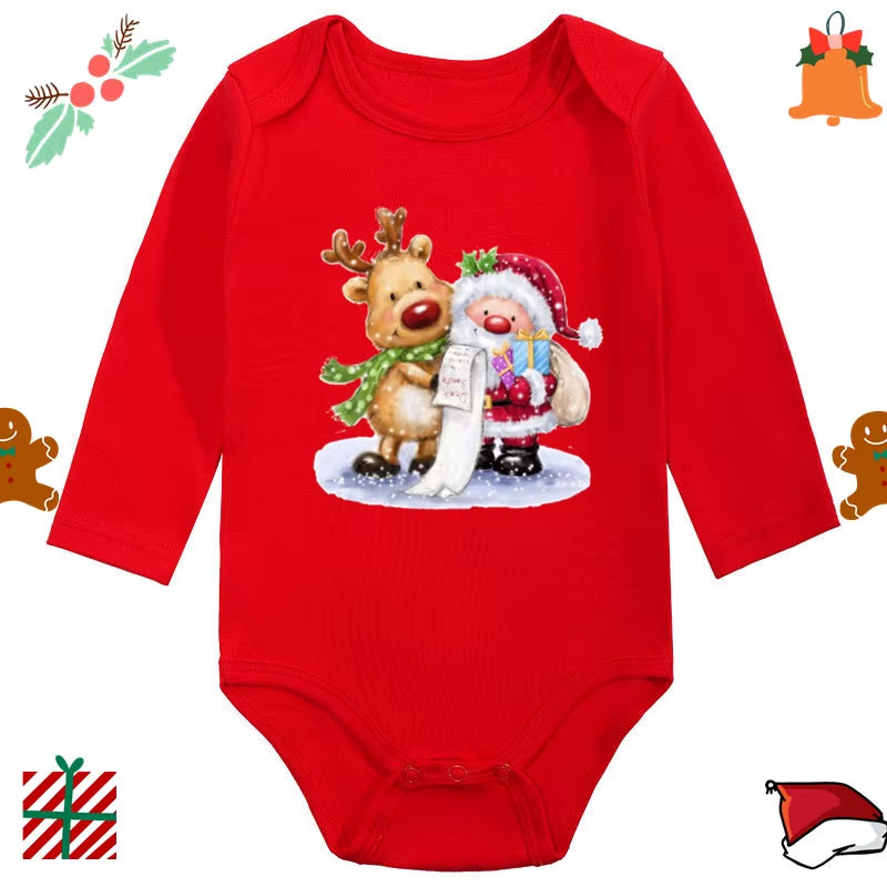 My 1St Christmas Santa Claus Elk Print Newborn Cute Long Sleeve Romper Red Cotton Baby Boys Girls Bodysuit