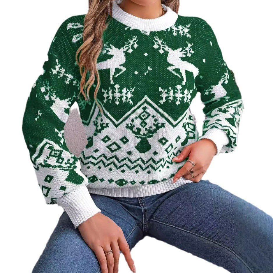 Women's Long Sleeve Christmas Sweatew With Deer Print