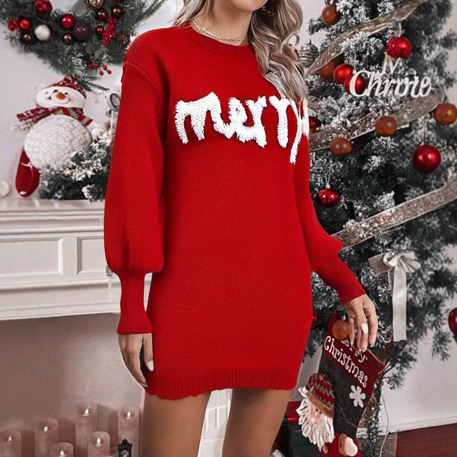 Women's Long Sleeve Christmas Dress With Round Neck