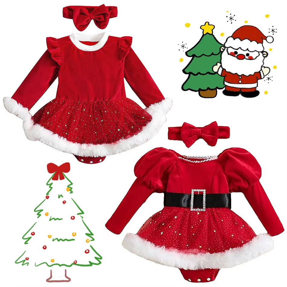 Infant Christmas Santa Claus Rompers Baby Girls Star Sequin Mesh Long Sleeved Jumpsuits Toddler Fluffy Red Cute Bodysuits 3-24M