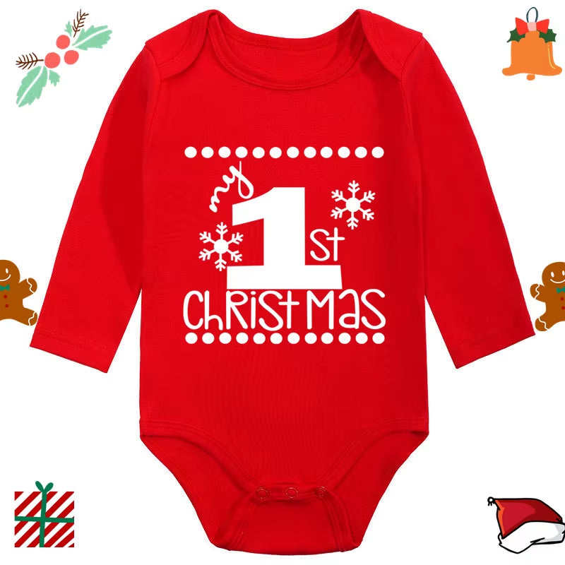 My 1St Christmas Santa Claus Elk Print Newborn Cute Long Sleeve Romper Red Cotton Baby Boys Girls Bodysuit