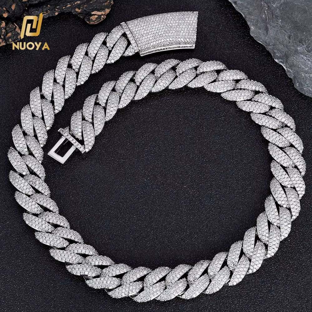 NUOYA 18Mm Shiny 3 Row Diamond White Gold Cuban Chain Necklace for Women Full Diamond Iced Out Cuban Link Chain Hip Hop Jewelry