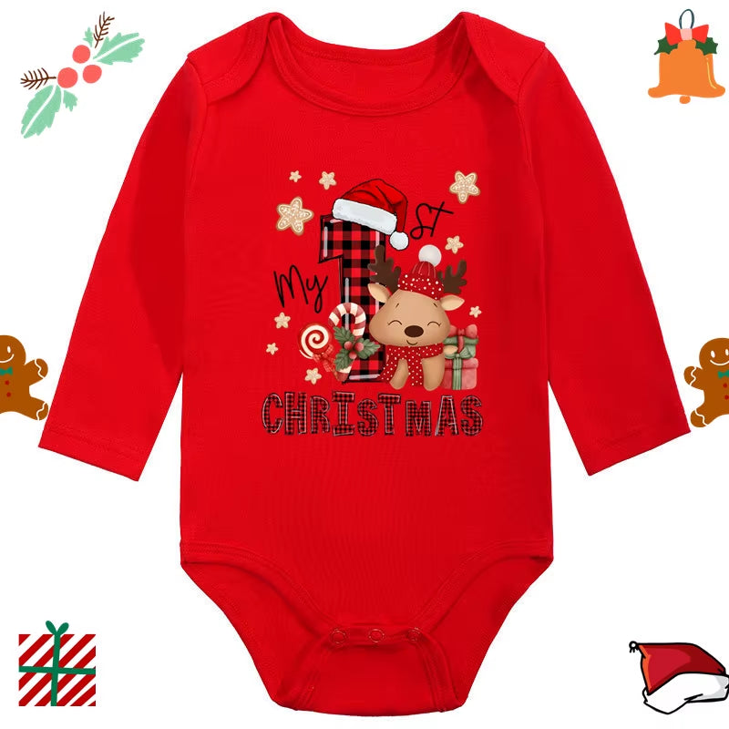 My 1St Christmas Santa Claus Elk Print Newborn Cute Long Sleeve Romper Red Cotton Baby Boys Girls Bodysuit
