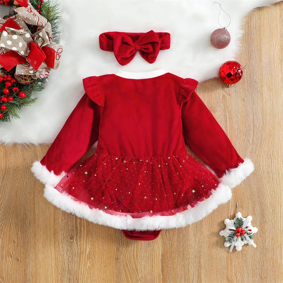 Infant Christmas Santa Claus Rompers Baby Girls Star Sequin Mesh Long Sleeved Jumpsuits Toddler Fluffy Red Cute Bodysuits 3-24M