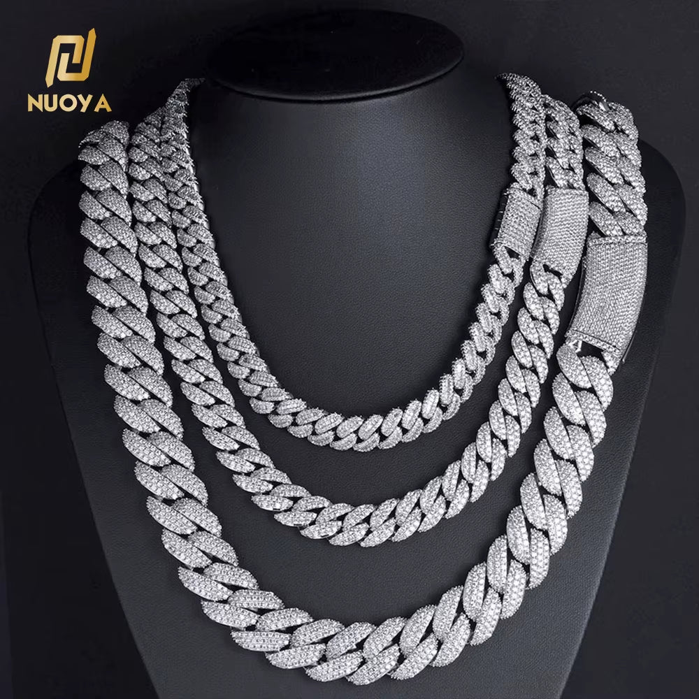 NUOYA 18Mm Shiny 3 Row Diamond White Gold Cuban Chain Necklace for Women Full Diamond Iced Out Cuban Link Chain Hip Hop Jewelry