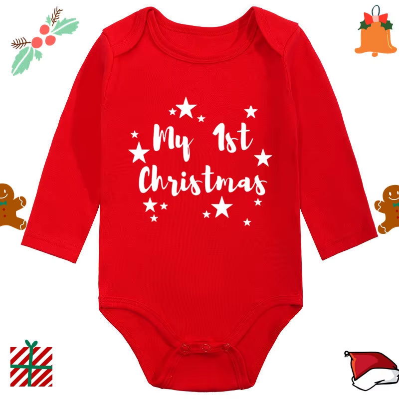 My 1St Christmas Santa Claus Elk Print Newborn Cute Long Sleeve Romper Red Cotton Baby Boys Girls Bodysuit